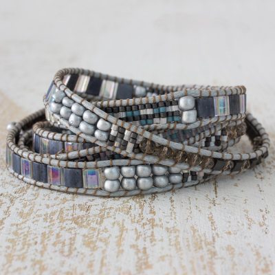 Beaded wrap bracelet, 'Nocturnal Sierra' - Hand Made Grey Silver Iridescent Pink Beaded Wrap Bracelet