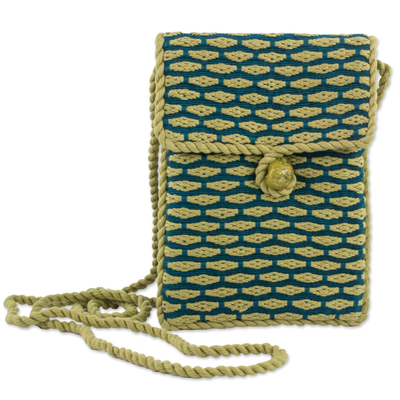 100% Cotton Hand Woven Sling Bag in Teal and Gold