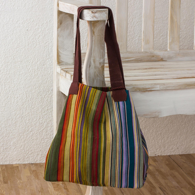 Cotton tote, 'Earth and Sky' - 100% Cotton Handwoven Colorful Striped Tote Handbag