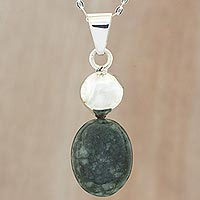 Jade pendant necklace, 'Dark Maya Coronation' - Handcrafted Jade and Silver Contemporary Necklace