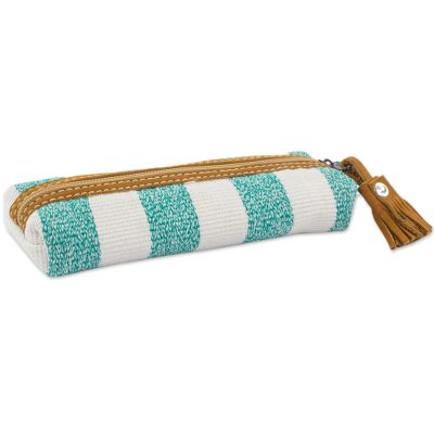 Leather accent cotton cosmetic bag, 'Aqua Sea' - Leather Accent Handwoven Striped Cotton Cosmetic Bag