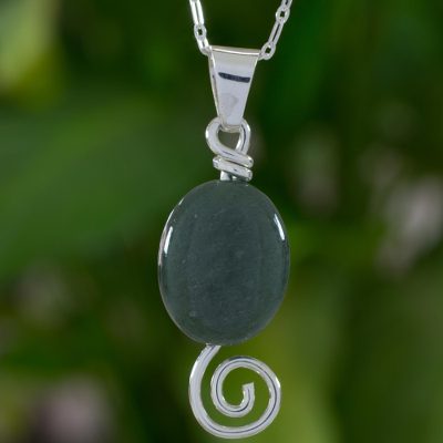 Jade pendant necklace, 'Green Maya Galaxy' - Spiral Theme Sterling Silver and Green Jade Necklace