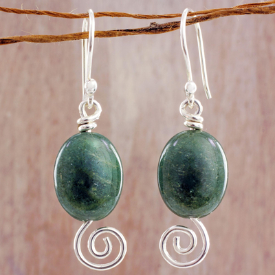 Jade dangle earrings, 'Green Maya Galaxy' - Spiral Theme Sterling Silver and Green Jade Earrings
