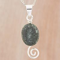 Jade pendant necklace, 'Dark Maya Galaxy' - Sterling Silver Spiral Theme Necklace with Dark Green Jade