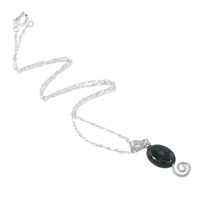 Jade pendant necklace, 'Dark Maya Galaxy' - Sterling Silver Spiral Theme Necklace with Dark Green Jade