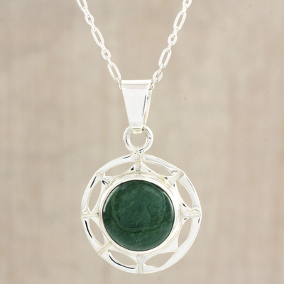 Jade pendant necklace, 'Kinich Ahau' - Modern Pendant Necklace in Silver 925 with Green Jade