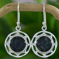 Jade dangle earrings, 'Dark Kinich Ahau' - Guatemalan Dark Green Maya Jade Sun Theme Silver Earrings