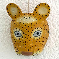 Wood wall mask, 'Royal Maya Jaguar' - Guatemala Artisan Carved and Painted Pinewood Jaguar Mask