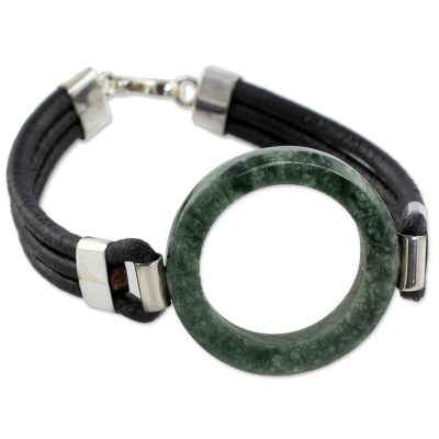 Jade and leather cord bracelet, 'Jade Mystery' - Hand Crafted Jade and Leather Cord Bracelet from Guatemala