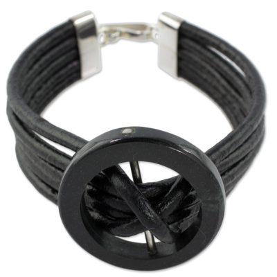 Jade and leather cord bracelet, 'Midnight Jade' - Hand Crafted Black Leather Cord Bracelet with Dark Jade