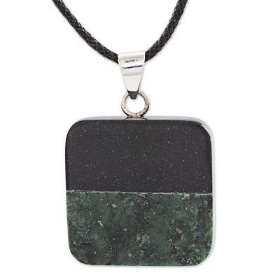 Jade pendant necklace, 'Horizontal Duality' - Black and Green Jade Pendant on Black Cotton Necklace