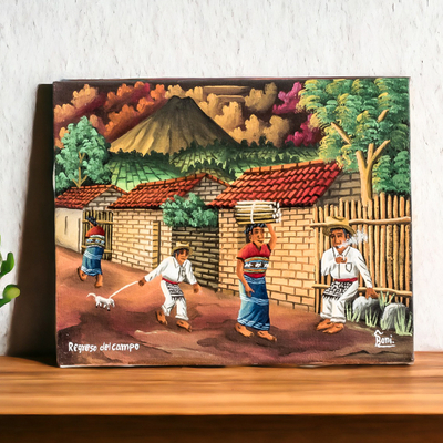 'Regresando del Campo' - Pintura de edición limitada firmada por la vida del pueblo de Guatemala