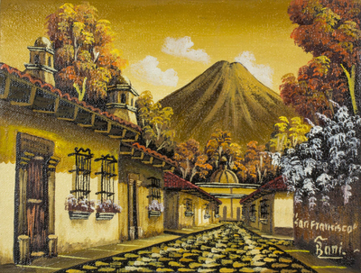 'Calle San Francisco III' - Guatemalan Volcano Village Signed Painting Limited Edition