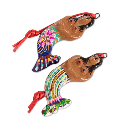 Ceramic ornaments, 'Mermaid Goddesses' (set of 6) - Set of 6 Ceramic Mermaid Ornaments Hand Crafted in Guatemala