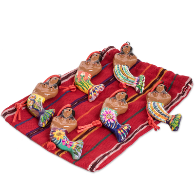 Keramikornamente, (6er-Set) - Set mit 6 Keramik-Meerjungfrauen-Ornamenten, handgefertigt in Guatemala