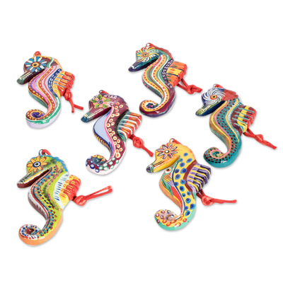 Set of 6 Ceramic Seahorse Ornaments Handmade in Guatemala