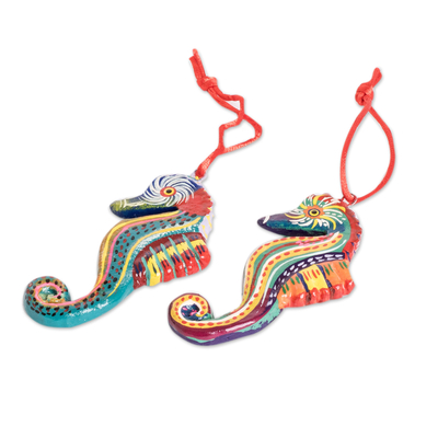 Ceramic ornaments, 'Seahorse Squadron' (set of 6) - Set of 6 Ceramic Seahorse Ornaments Handmade in Guatemala