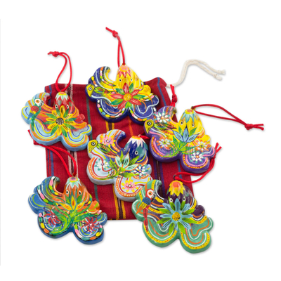 Ceramic ornaments, 'Floral Octopus' (set of 6) - Handcrafted Ceramic Octopus Ornaments (Set of 6)