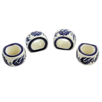 Ceramic napkin rings, 'Girasol' (set of 4) - Artisan Crafted Ceramic Floral Napkin Rings (Set of 4)