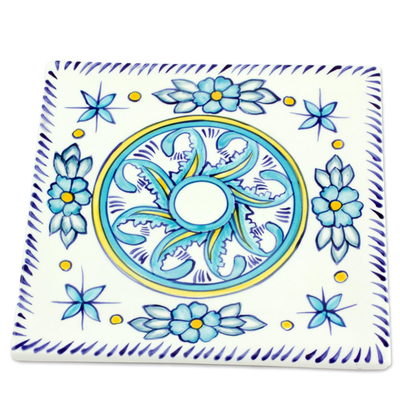 Ceramic trivet, 'Quehueche' - Turquoise and White Handcrafted Ceramic Hot Pad Trivet