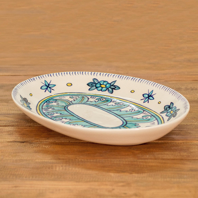 Keramikplatte „Bermuda“ – handgefertigte ovale Keramikplatte mit Blumenmotiv
