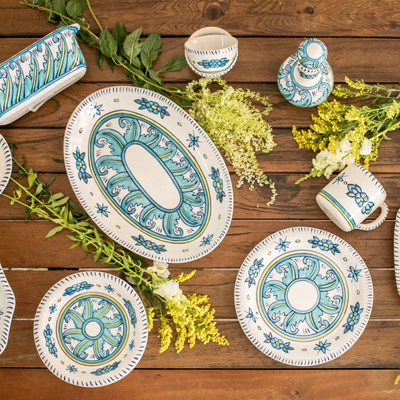 Ceramic platter, 'Bermuda' - Artisan Crafted Oval Ceramic Platter with Floral Motif