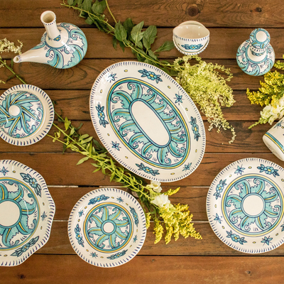 Ceramic platter, 'Bermuda' - Artisan Crafted Oval Ceramic Platter with Floral Motif