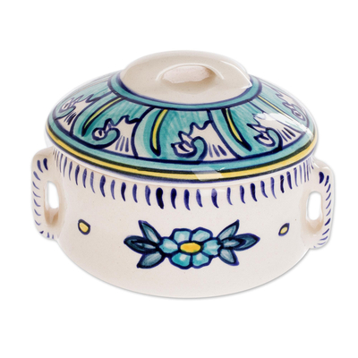 Keramik-Suppenschüssel mit Deckel, „Bermuda“ – handgefertigte Blumen-Keramik-Suppenschüssel mit Deckel