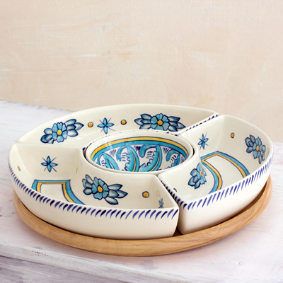 Plato de aperitivo de cerámica - Fuente de aperitivo floral artesanal con base de madera