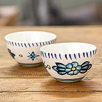 Small ceramic bowls, 'Bermuda' (pair) - Artisan Crafted Ceramic Floral Bowls (Pair)