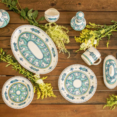 Ceramic soup bowls, 'Bermuda' (pair) - Handcrafted Floral Ceramic Turquoise Soup Bowls (Pair)