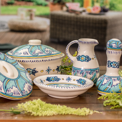 Ceramic soup bowls, 'Quehueche' (pair) - Handcrafted Floral Ceramic Turquoise Soup Bowls (Pair)