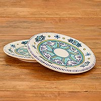 Platos de cerámica, 'Bermuda' (par) - Platos de cerámica turquesa hechos a mano de 9,5 pulgadas (par)