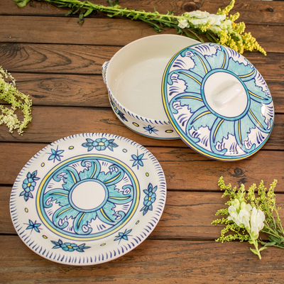 Ceramic plates, 'Quehueche' (pair) - Handcrafted Turquoise Ceramic 9.5 Inch Plates (Pair)