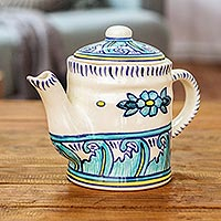 Cafetera de cerámica, 'Bermuda' - Cafetera artesanal de cerámica turquesa y blanca