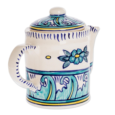 Keramik-Kaffeekanne, „Bermuda“ – handgefertigte Kaffeekanne aus türkisfarbener und weißer Keramik