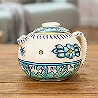 Ceramic teapot, 'Bermuda' - Ceramic Artisan Crafted White and Turquoise Teapot