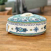Ceramic round covered casserole, 'Bermuda' - Ceramic Handcrafted Oven-Safe Oval Casserole Dish and Lid