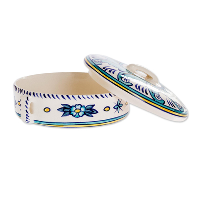 Ceramic round covered casserole, 'Quehueche' - Ceramic Handcrafted Oven-Safe Oval Casserole Dish and Lid