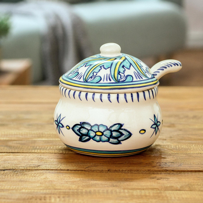 Ceramic sugar bowl and spoon, 'Quehueche' - Ceramic Sugar Bowl and Spoon Matching Spoon