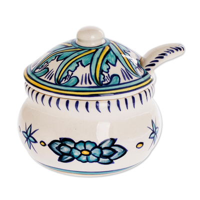 Ceramic sugar bowl and spoon, 'Bermuda' - Ceramic Sugar Bowl and Spoon Matching Spoon