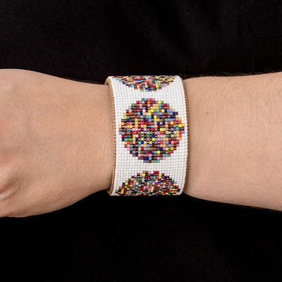 Beaded leather cuff bracelet, 'Fiesta in Santiago' - Handcrafted Leather Cuff Bracelet with Colorful Beads