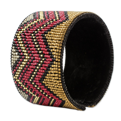 Beaded leather cuff bracelet, 'Chic Chichicastenango' - Red and Caramel Beaded Zigzag Cuff Bracelet with Black