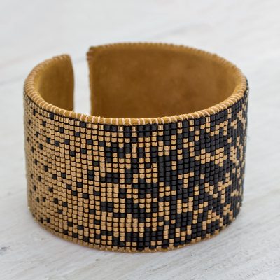 Contemporary Beaded Cuff Bracelet In Black And Golden Br Gala Beaded Leather Cuff Bracelet Gala Night Contemporary In Black