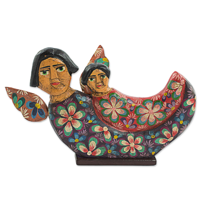 Wood sculpture, 'Protective Angels' - Guatemalan Hand Carved Floral Angel Sculpture