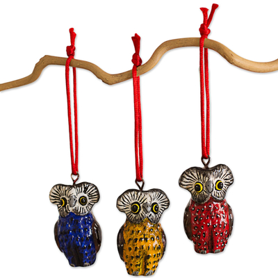 Ceramic ornaments, 'Owls of Tikal' (set of 6) - Handcrafted Ceramic Bird Ornaments (Set of 6 Owls)