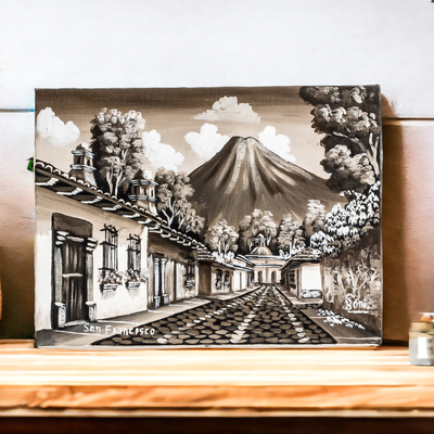 „Calle San Francisco IV“ – Von Guatemala signiertes Öl-auf-Leinwand-Gemälde in Sepiatönen