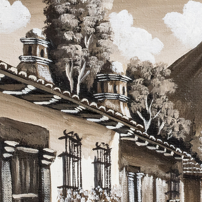 'Calle San Francisco IV' - Guatemala Signed Oil on Canvas Painting in Sepia Tones