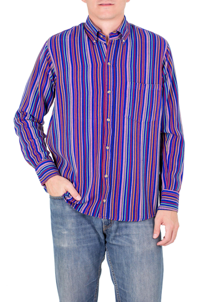 Men's Striped Handwoven Guatemalan Cotton Long Sleeve Shirt - Colorful ...