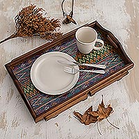 Wood folding bed tray, 'Morning in Antigua' - Guatemalan Wood Folding Bed Tray with Handwoven Insert